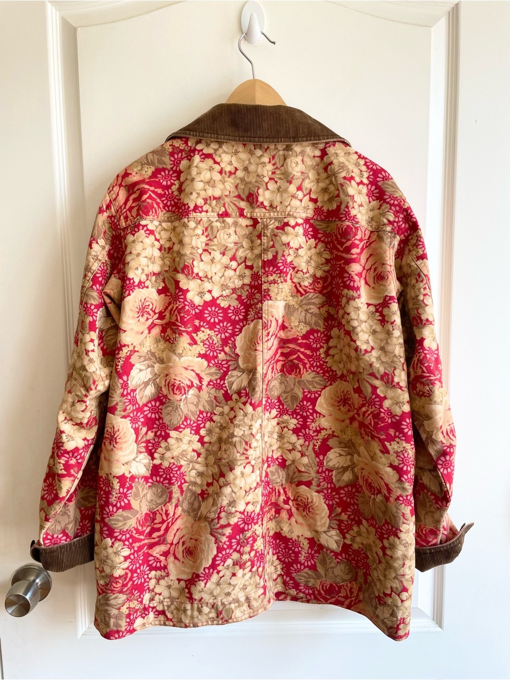 LL Bean Vintage Red Floral Chore Coat Women’s L Cottagecore Barn Jacket - Picture 2 of 7